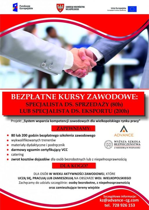Bezpłatne kursy zawodowe – techniki sprzedaży, specjalista ds. sprzedaży, specjalista ds. eksportu