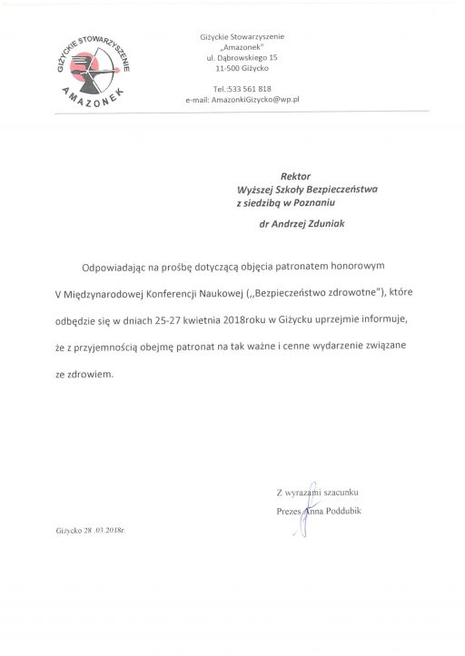 Patronat honorowy Stowarzyszenia “Amazonek” – V Międzynarodowa Konferencja Naukowa Bezpieczeństwo Zdrowotne