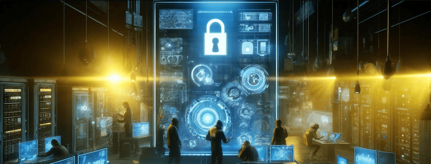 Futurystyczne laboratorium do badania cyberprzestępczości z cyfrowymi ekspertami kryminalistycznymi badającymi dowody elektroniczne. 