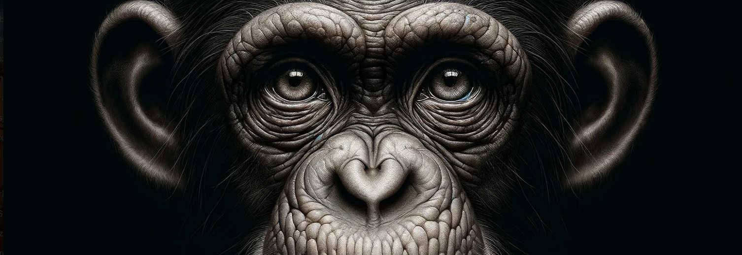 Twarz szympansa patrzącego na widza, z wyrazistymi oczami, na ciemnym tle. Nawiązuje do tematu wojny w kontekście natury szympansa.