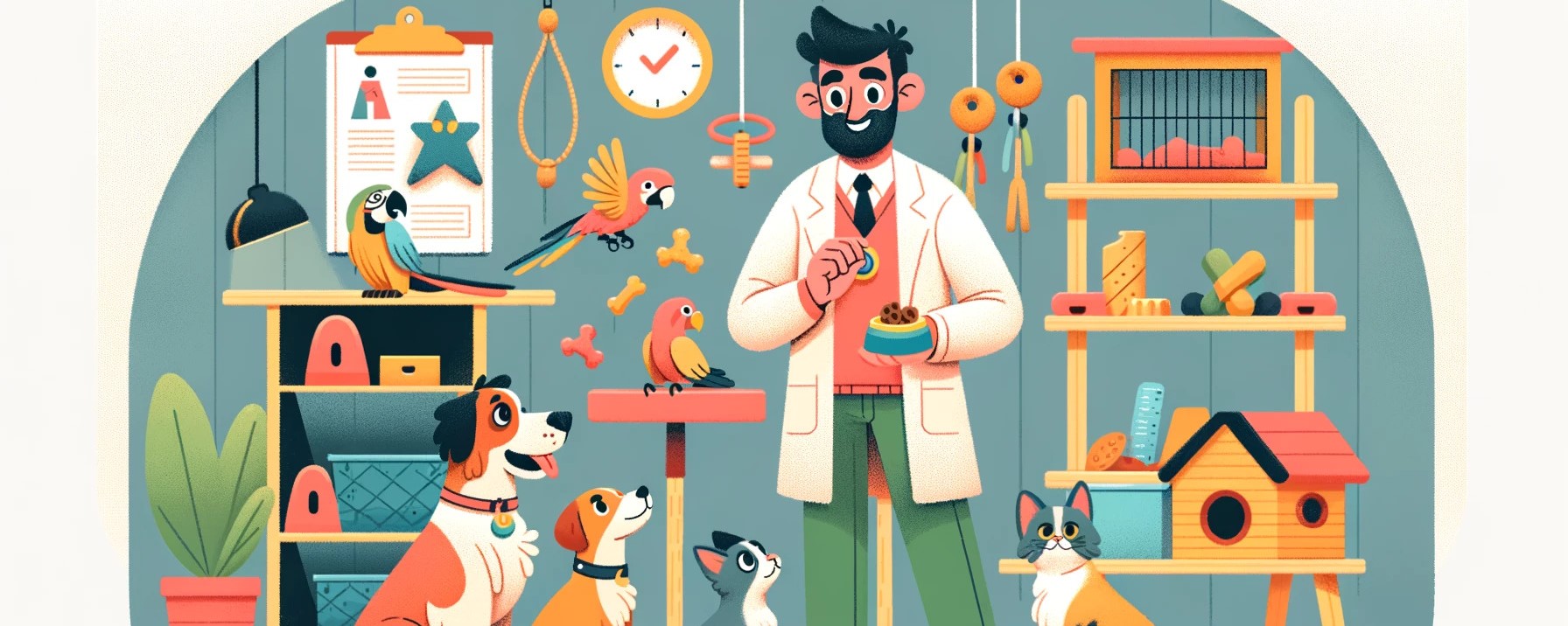 Grafika przedstawiająca psychologię zwierząt i behawioryzm. Na obrazku widać behawiorystę zwierząt w interakcji z różnymi zwierzętami, w tym z psem, kotem i papugą
