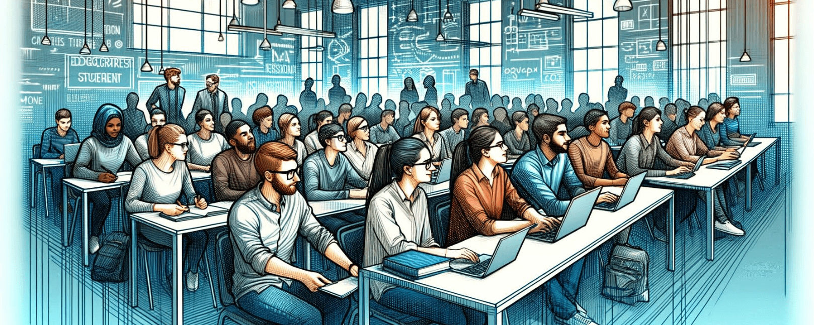 Ilustracja grupy studentów studiów podyplomowych zaangażowanych w ciągłe doskonalenie, studiujących w nowoczesnej klasie wyposażonej w laptopy i interaktywne wyświetlacze