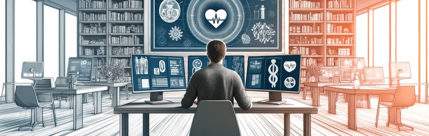 Mężczyzna pracujący w nowoczesnym biurze, używający komputerów do prowadzenia edukacji zdrowotnej przez media społecznościowe