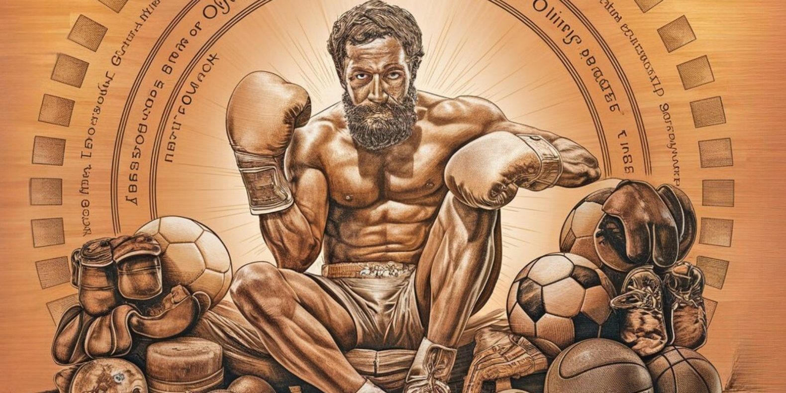 Pięściarz siedzący pośród sprzętu sportowego. Metafora idei olimpizmu