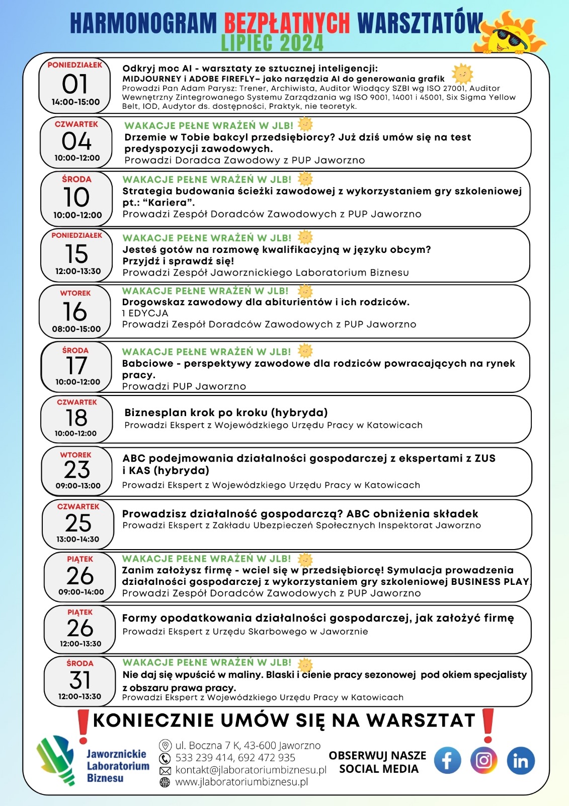 Harmonogram warsztatów - lipiec 2024 - Aktualności Biura Karier
