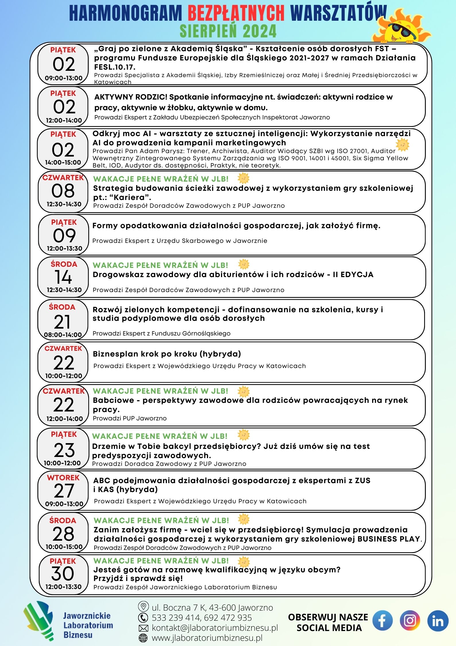 Zaproszenie na bezpłatne warsztaty w Jawornickim Laboratorium Biznesu w sierpniu