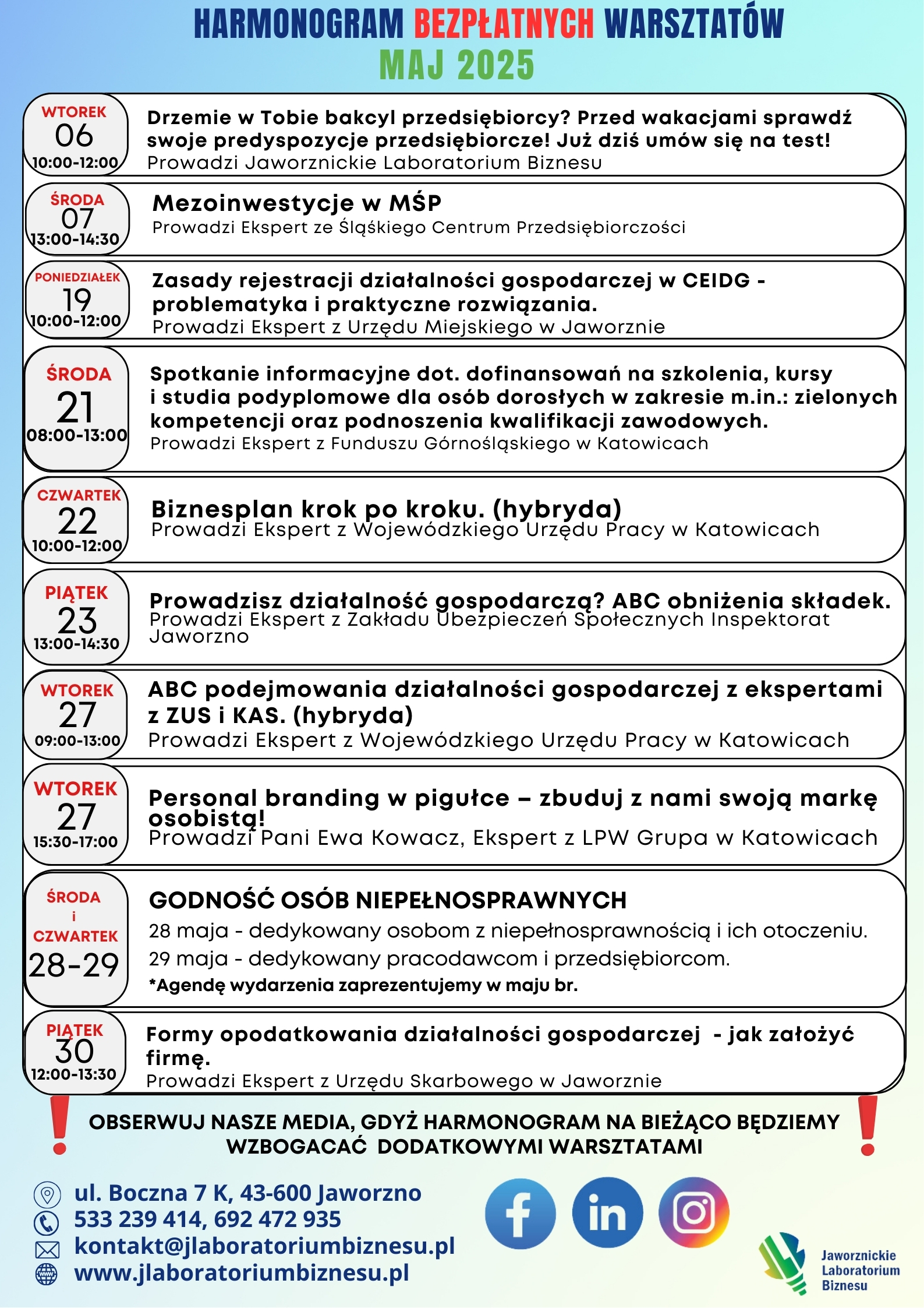 Zaproszenie na bezpłatne warsztaty w Jawornickim Laboratorium Biznesu w maju
